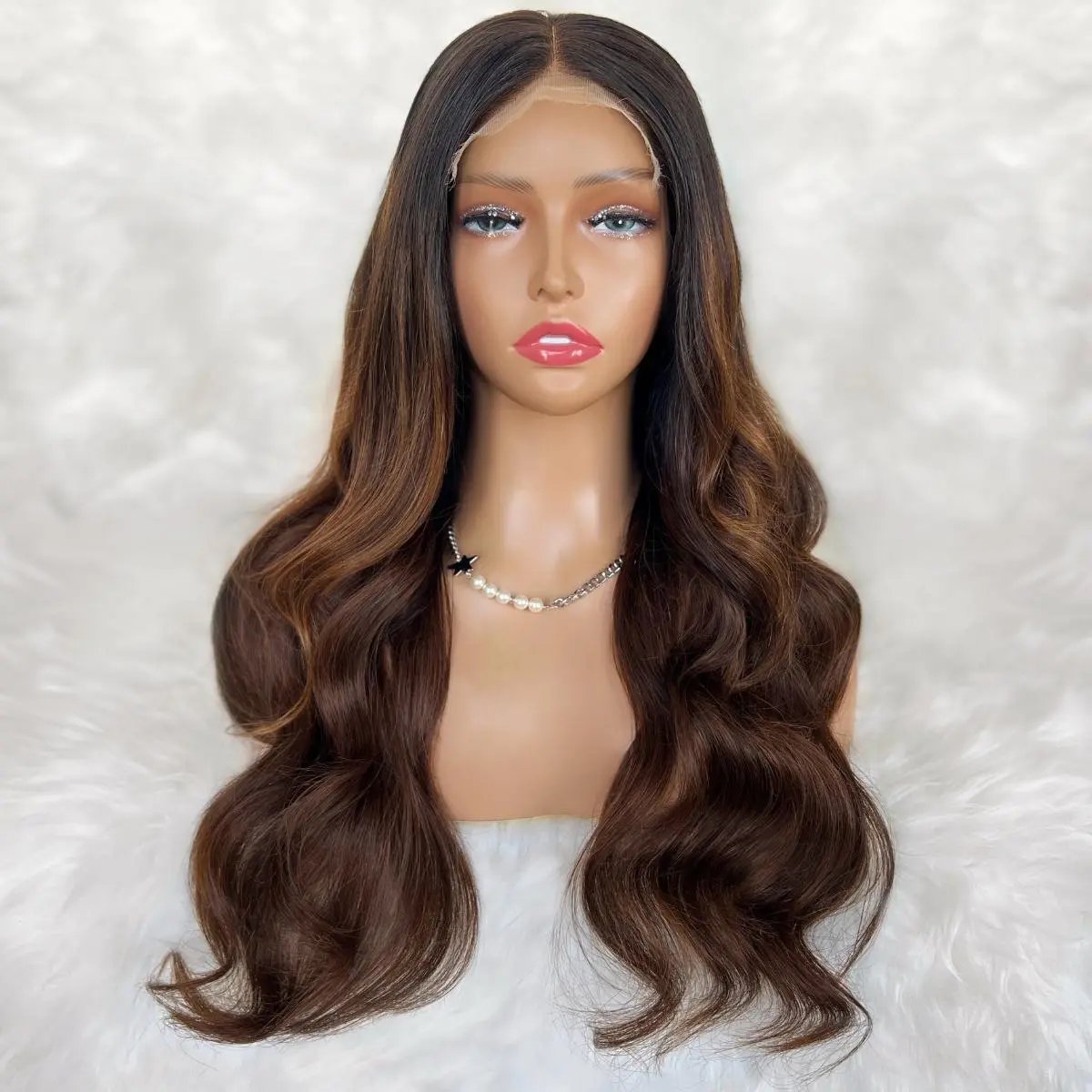 Celine glueless 5x5 HD lace closure wig by THE HAIR PUSHER PREMIUM LUXE HAIR in espresso honey balayage with 180% density