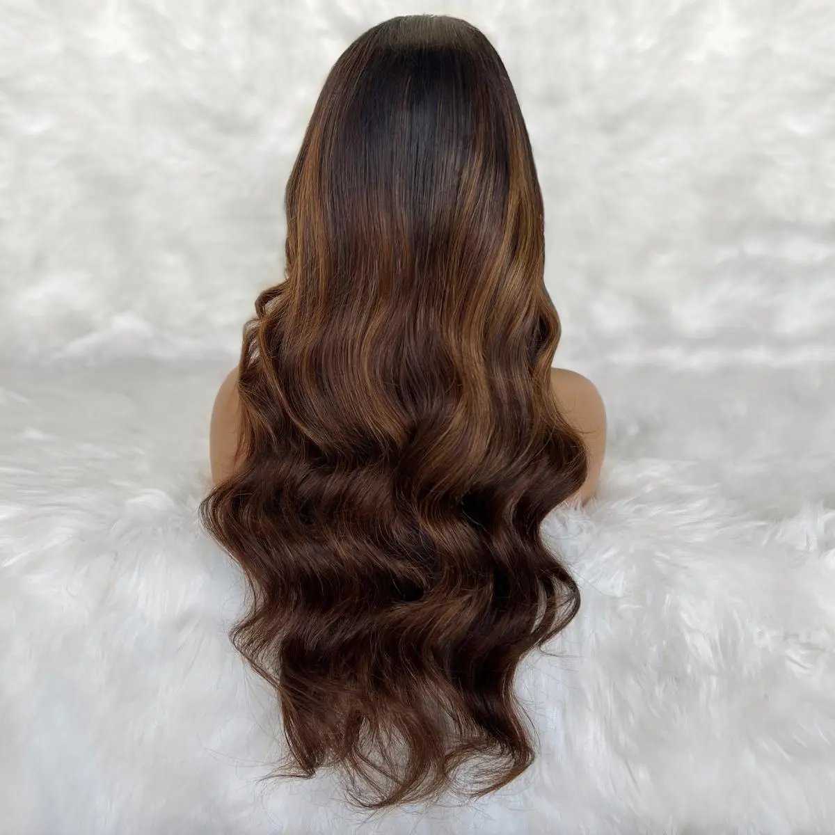 Celine glueless 5x5 HD lace closure wig in espresso honey balayage with 180% density, styled back showing hair texture and color.
