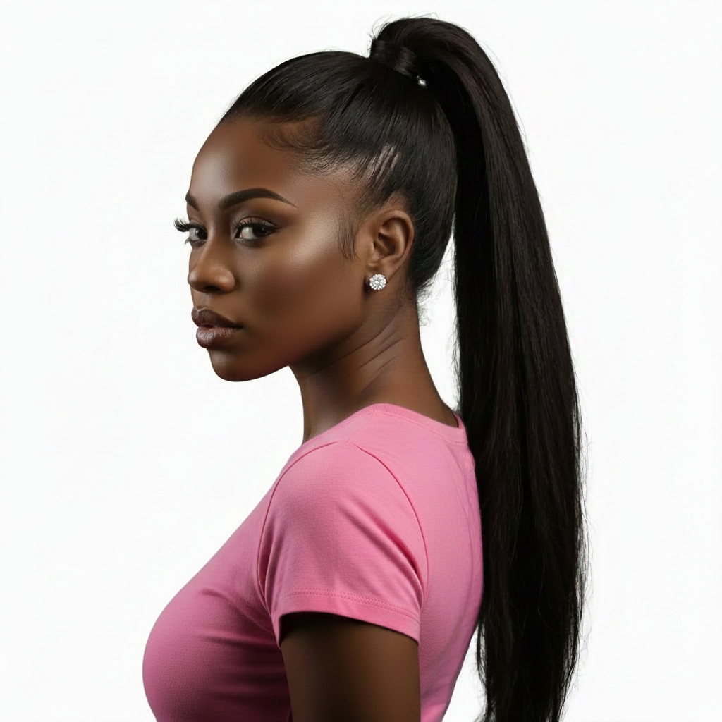 Raw straight 100% human hair ponytail extension by THE HAIR PUSHER PREMIUM LUXE HAIR, 26 inches long, 180g for a sleek, natural look.