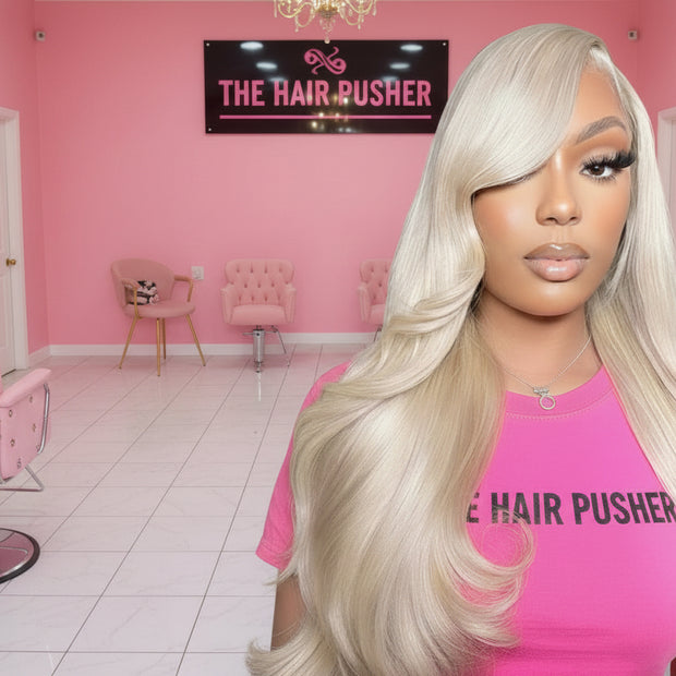 30 inch 613 blonde straight HD lace frontal wig made from 12A grade virgin Brazilian human hair pre-plucked with transparent lace The Hair Pusher