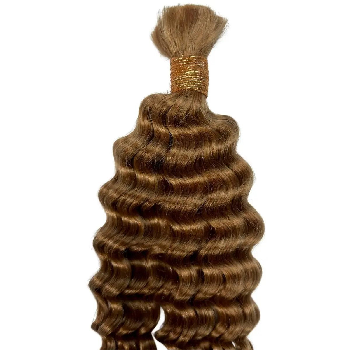 Honey blonde deep wave hair extensions from THE HAIR PUSHER PREMIUM LUXE HAIR, showing thick, textured 100% human braiding hair in bulk.