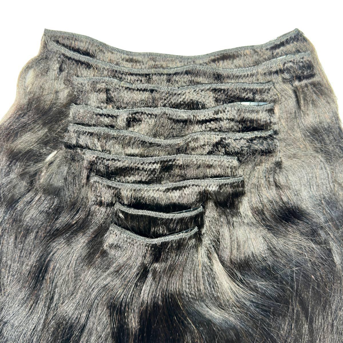 Yaki straight clip-in hair extensions by THE HAIR PUSHER PREMIUM LUXE HAIR, 100% human hair, shown in natural straight style.