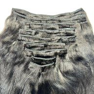 Yaki straight clip-in hair extensions by THE HAIR PUSHER PREMIUM LUXE HAIR, 100% human hair, shown in natural straight style.