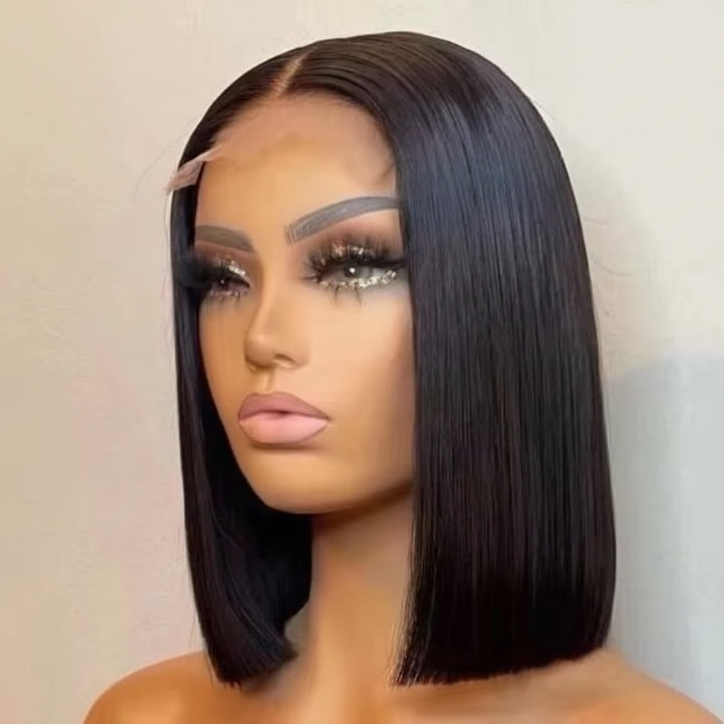 Luxury HD lace blunt cut bob wig by THE HAIR PUSHER PREMIUM LUXE HAIR, featuring sleek straight texture and middle part.