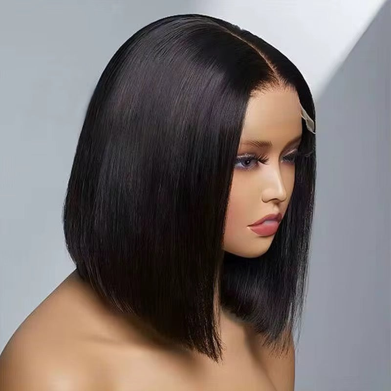 Luxury HD lace blunt cut bob wig by THE HAIR PUSHER PREMIUM LUXE HAIR featuring sleek straight style with a middle part.