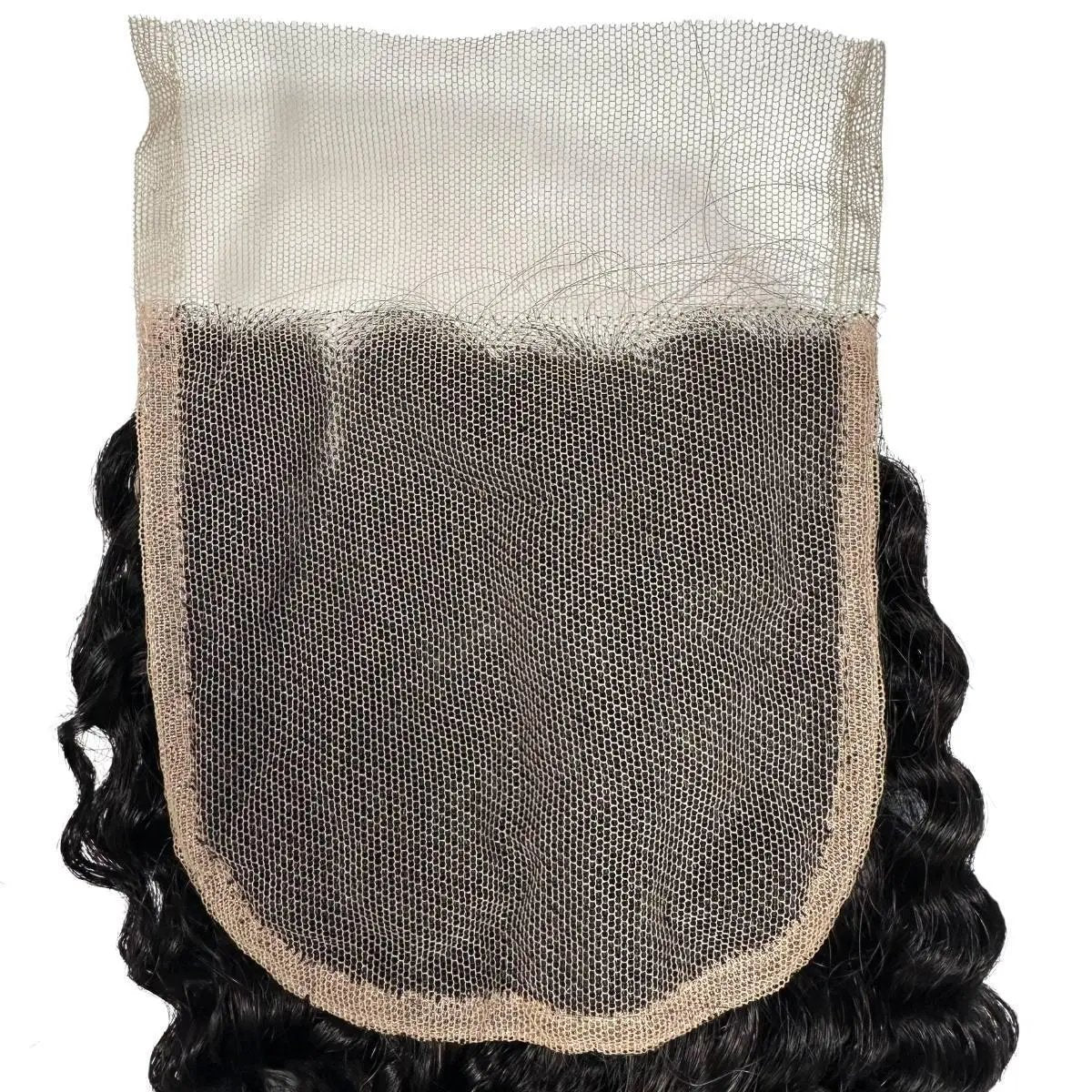 Jerry Curl 4x4 transparent lace closure by THE HAIR PUSHER PREMIUM LUXE HAIR featuring natural human hair and detailed back view.