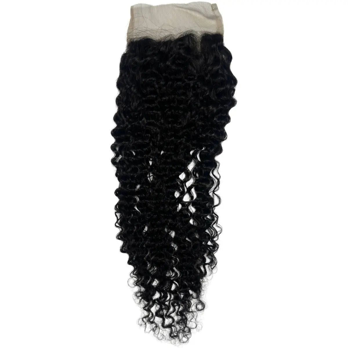 Front view of a Jerry Curl 4x4 transparent lace human hair closure by THE HAIR PUSHER PREMIUM LUXE HAIR featuring curly virgin hair.