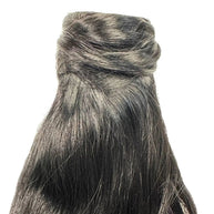 Jet black 100% human hair ponytail extension from THE HAIR PUSHER PREMIUM LUXE HAIR, showing the sleek, shiny ponytail attachment.