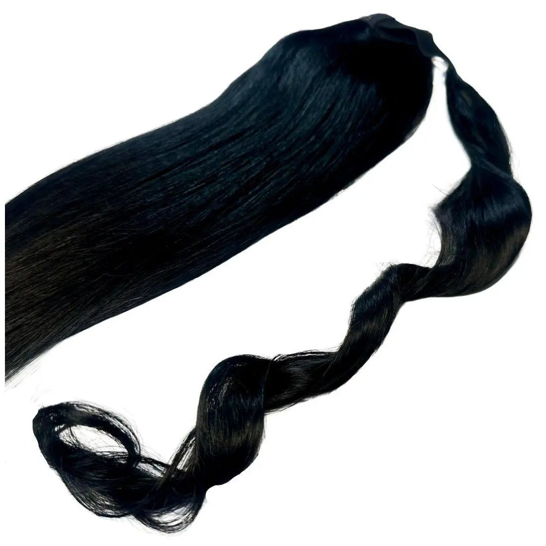 Jet black 100% human hair ponytail extension from THE HAIR PUSHER PREMIUM LUXE HAIR, showcasing smooth, shiny hair ready to wear.