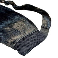 Jet black 100% human hair ponytail extension with cuff from THE HAIR PUSHER PREMIUM LUXE HAIR, styled in a sleek, natural look.