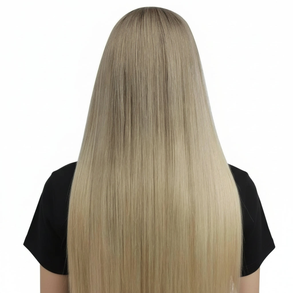 Jezebel 5x5 HD lace wig by THE HAIR PUSHER PREMIUM LUXE HAIR showing the back view of a professionally colored, glueless human hair closure wig