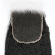 Kinky straight 5x5 HD lace human hair closure by THE HAIR PUSHER PREMIUM LUXE HAIR, featuring natural dark hair with lace front detail.