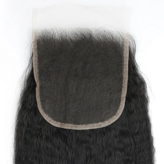 Kinky straight 5x5 HD lace human hair closure by THE HAIR PUSHER PREMIUM LUXE HAIR, featuring natural dark hair with lace front detail.