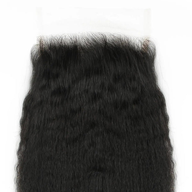 Kinky straight 5x5 HD lace human hair closure by THE HAIR PUSHER PREMIUM LUXE HAIR with natural texture and lace closure detail.