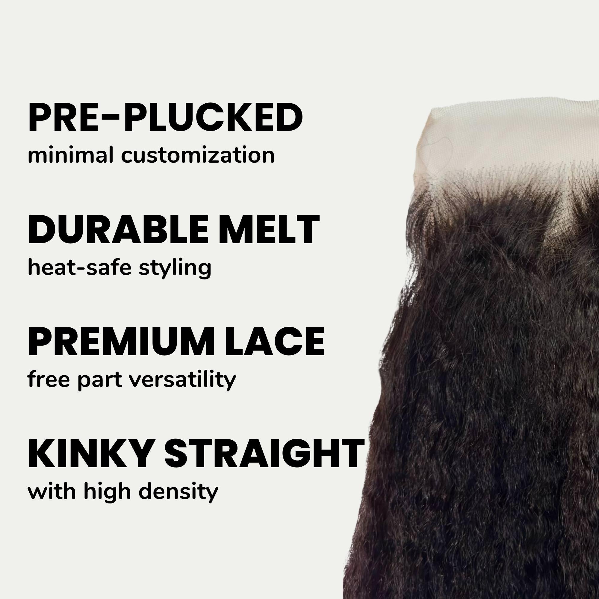 Kinky straight 7x7 HD lace human hair closure from THE HAIR PUSHER PREMIUM LUXE HAIR, showcasing natural texture and lace detail