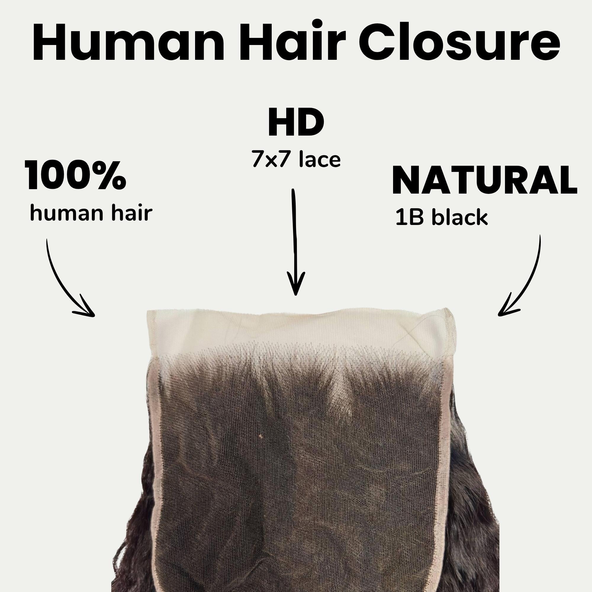 Kinky straight 7x7 HD lace human hair closure by THE HAIR PUSHER PREMIUM LUXE HAIR, showing detailed lace and hair texture