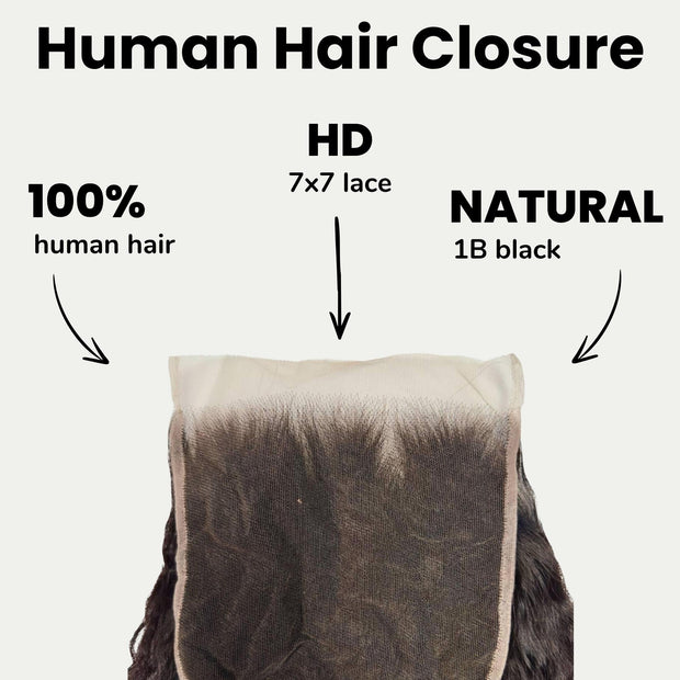 Kinky straight 7x7 HD lace human hair closure by THE HAIR PUSHER PREMIUM LUXE HAIR, showing detailed lace and hair texture