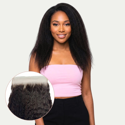 Kinky straight 7x7 HD lace human hair closure by THE HAIR PUSHER PREMIUM LUXE HAIR, showcasing the natural-looking lace and hair texture