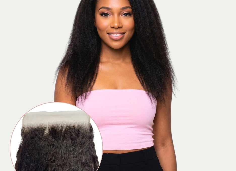 Kinky straight 7x7 HD lace human hair closure by THE HAIR PUSHER PREMIUM LUXE HAIR, showcasing the natural-looking lace and hair texture