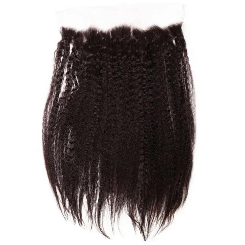 Kinky straight 13x4 transparent lace human hair frontal from THE HAIR PUSHER PREMIUM LUXE HAIR, showing detailed lace and hair texture.