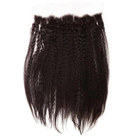 Kinky straight 13x4 transparent lace human hair frontal from THE HAIR PUSHER PREMIUM LUXE HAIR, showing detailed lace and hair texture.