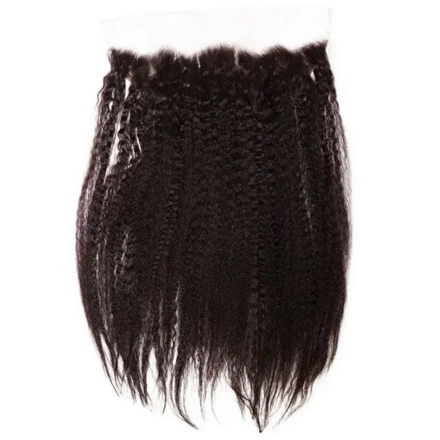 Kinky straight 13x4 transparent lace human hair frontal from THE HAIR PUSHER PREMIUM LUXE HAIR, showing detailed lace and hair texture.