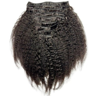 Kinky straight clip-in hair extension by THE HAIR PUSHER PREMIUM LUXE HAIR, showing smooth, natural-looking 100% human hair.
