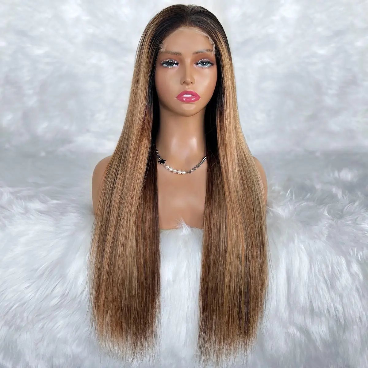 Front view of THE HAIR PUSHER PREMIUM LUXE HAIR Layla glueless 5x5 HD lace human hair closure wig, professionally colored.