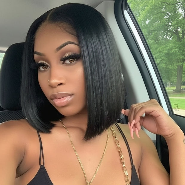 Luxury HD lace blunt cut bob wig by THE HAIR PUSHER PREMIUM LUXE HAIR, featuring a sleek straight short bob with middle part.