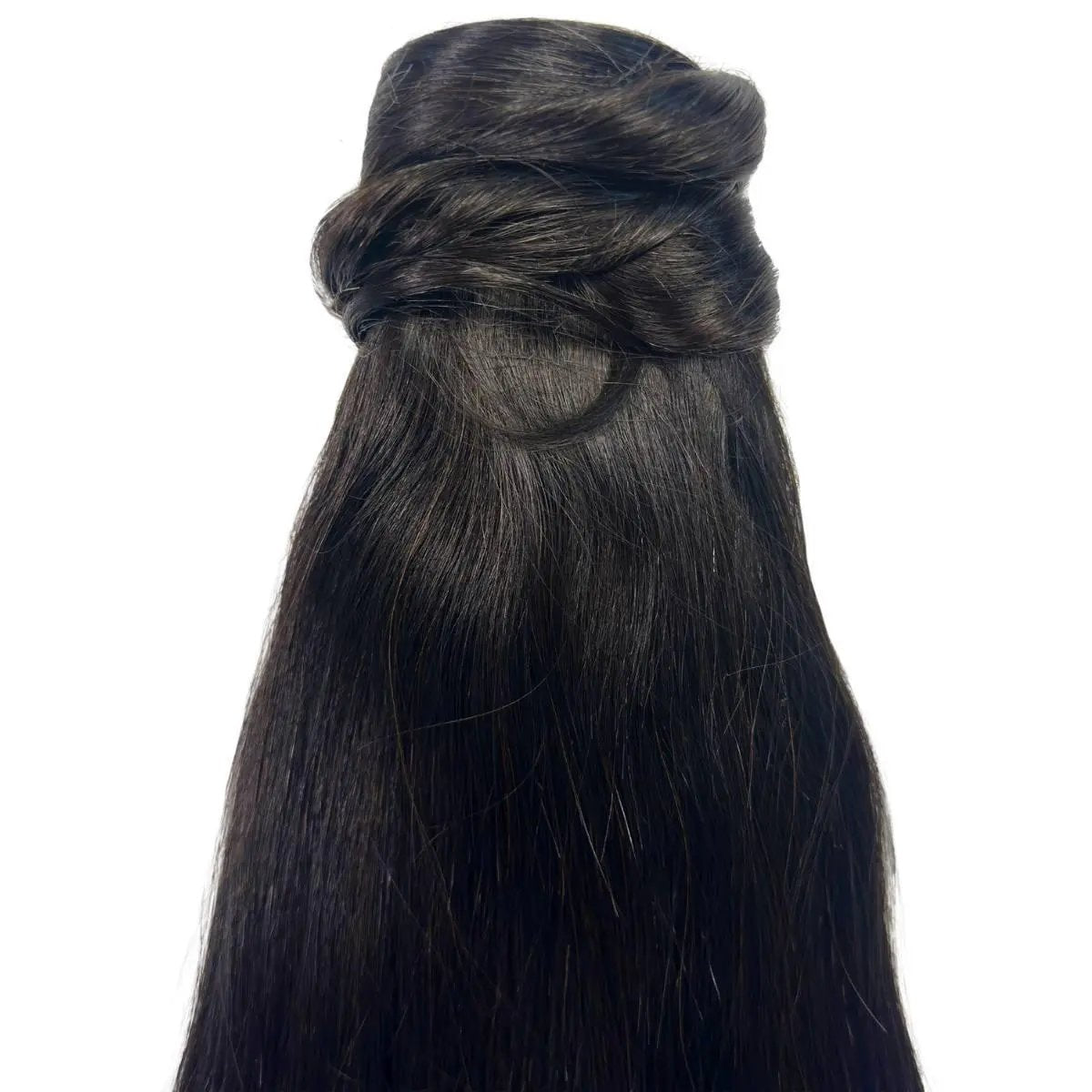 Natural black 100% human hair ponytail extension from THE HAIR PUSHER PREMIUM LUXE HAIR, showing a sleek, full-length ponytail.
