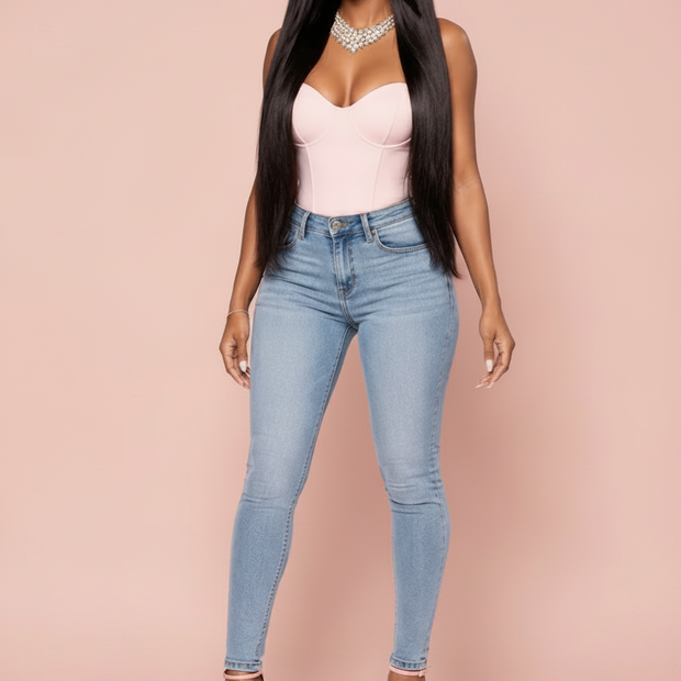 Woman wearing a straight long lace-front HD transparent wig.  The Hair Pusher.