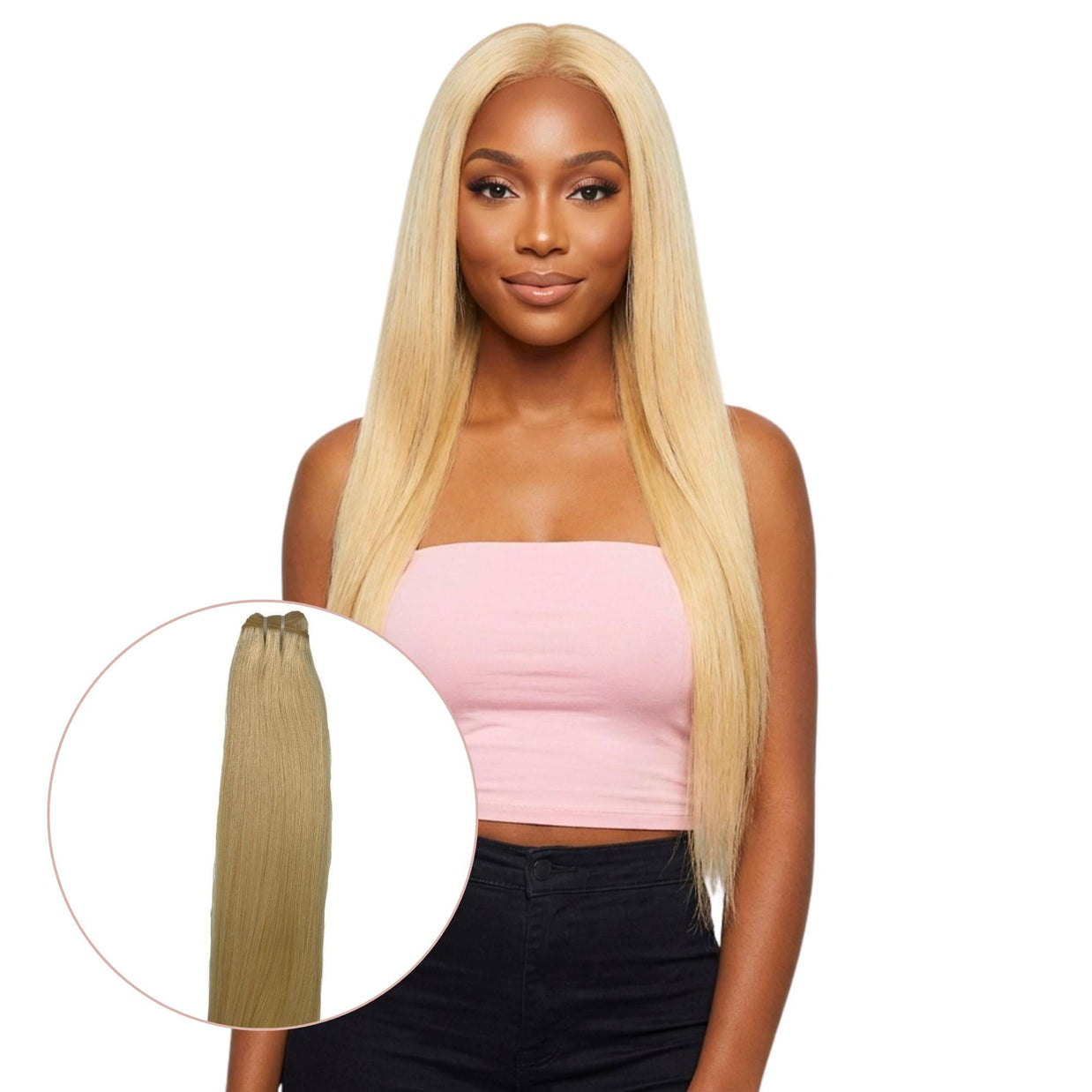 Raw blonde straight human hair bundles from THE HAIR PUSHER PREMIUM LUXE HAIR, showcasing smooth, straight hair extensions.