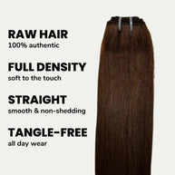 Raw dark brown straight human hair bundles from THE HAIR PUSHER PREMIUM LUXE HAIR, showcasing smooth, natural-looking hair extensions.
