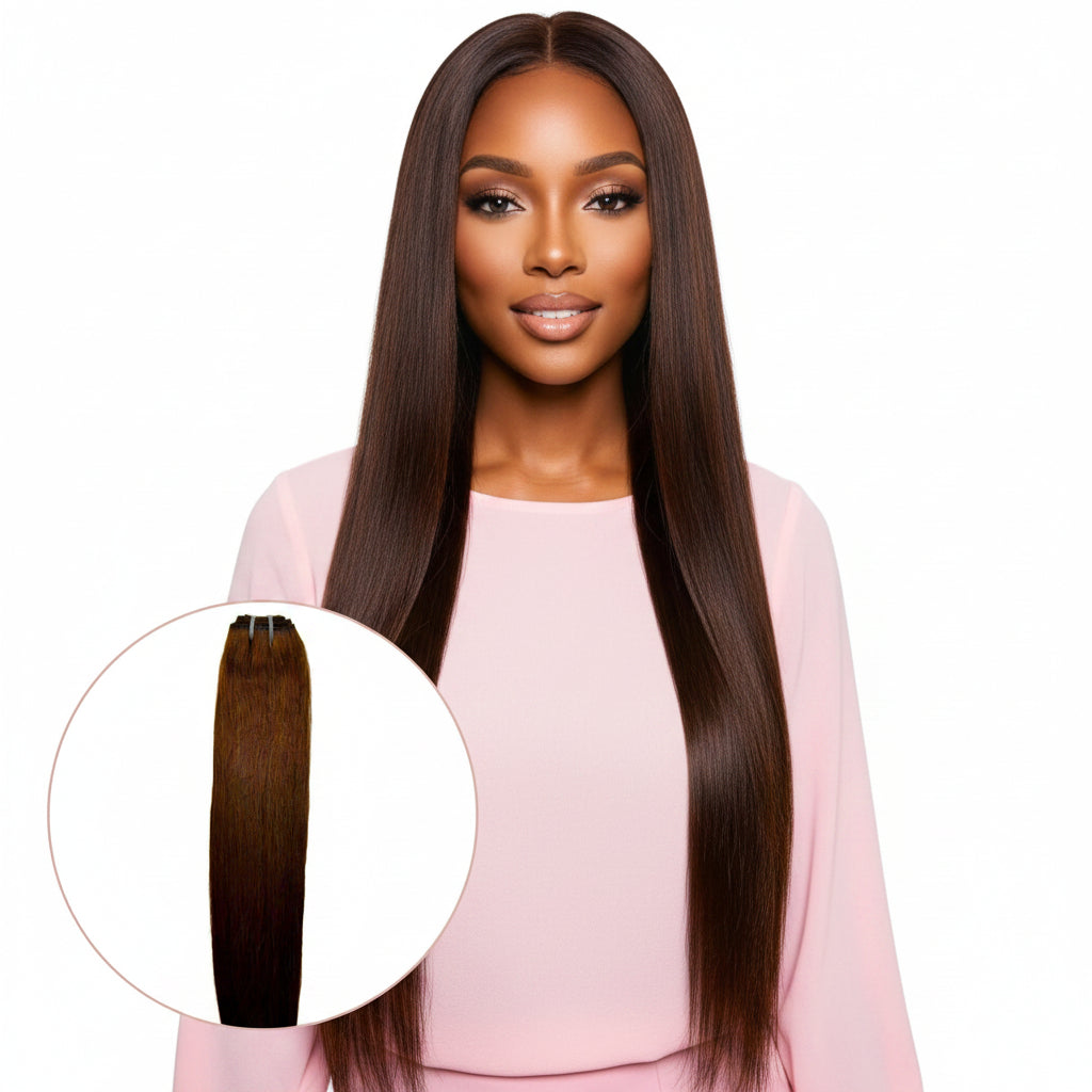 Raw dark brown straight human hair bundles from THE HAIR PUSHER PREMIUM LUXE HAIR, showcasing sleek, smooth hair extensions.