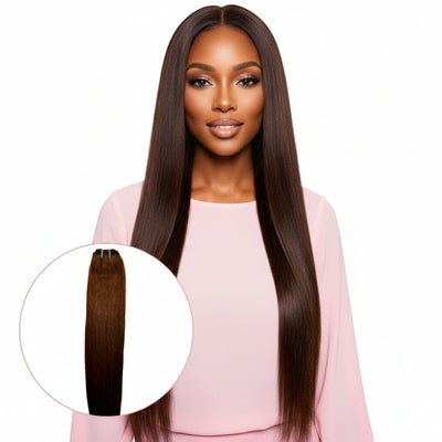 Raw dark brown straight human hair bundles from THE HAIR PUSHER PREMIUM LUXE HAIR, showcasing sleek, smooth hair extensions.
