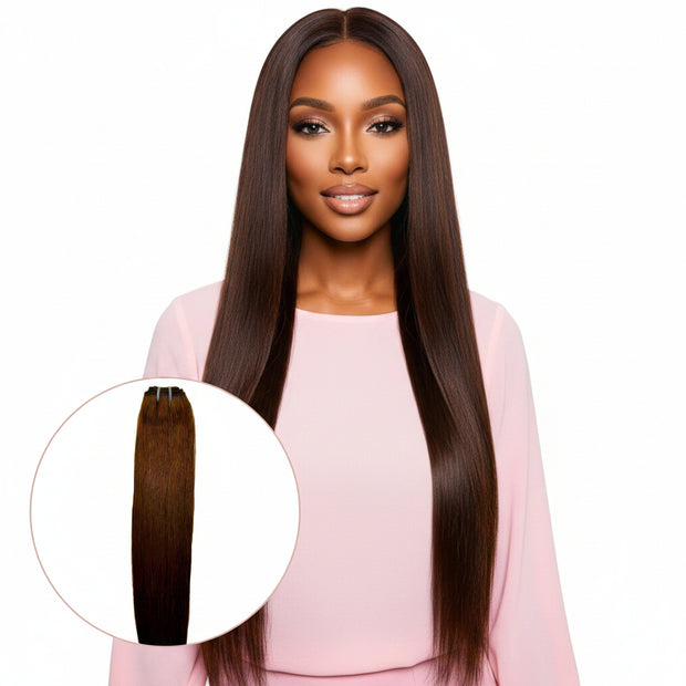 Raw dark brown straight human hair bundles from THE HAIR PUSHER PREMIUM LUXE HAIR, showcasing sleek, smooth hair extensions.