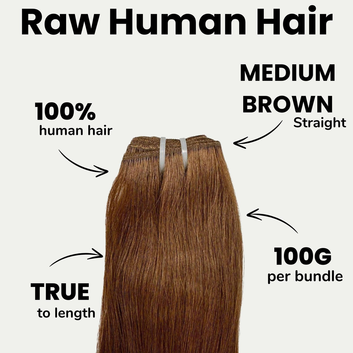Raw medium brown straight human hair bundles from THE HAIR PUSHER PREMIUM LUXE HAIR, showing the full length and natural texture.