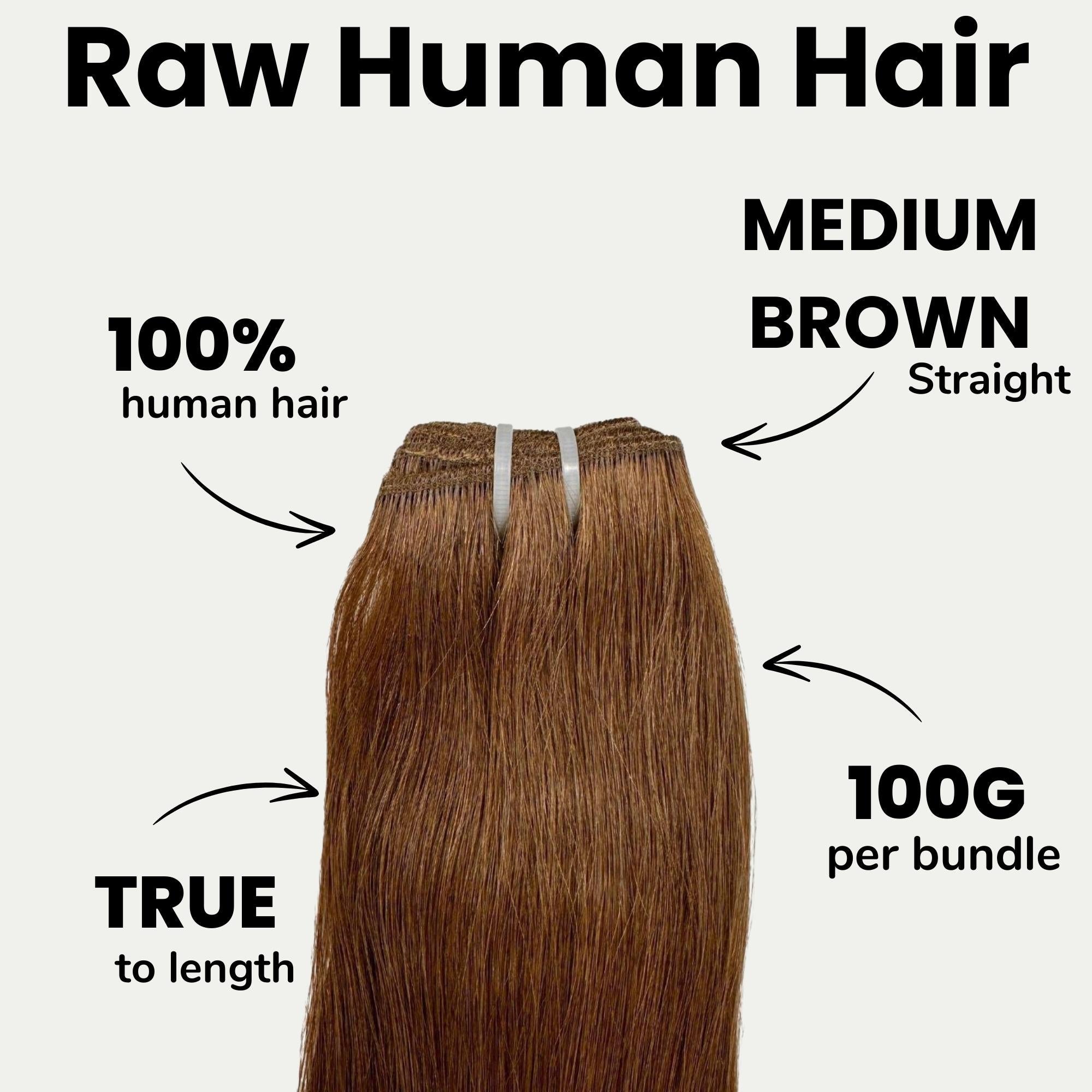 Raw medium brown straight human hair bundles from THE HAIR PUSHER PREMIUM LUXE HAIR, showing the full length and natural texture.