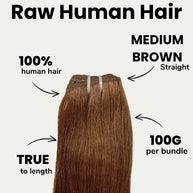 Raw medium brown straight human hair bundles from THE HAIR PUSHER PREMIUM LUXE HAIR, showing the full length and natural texture.