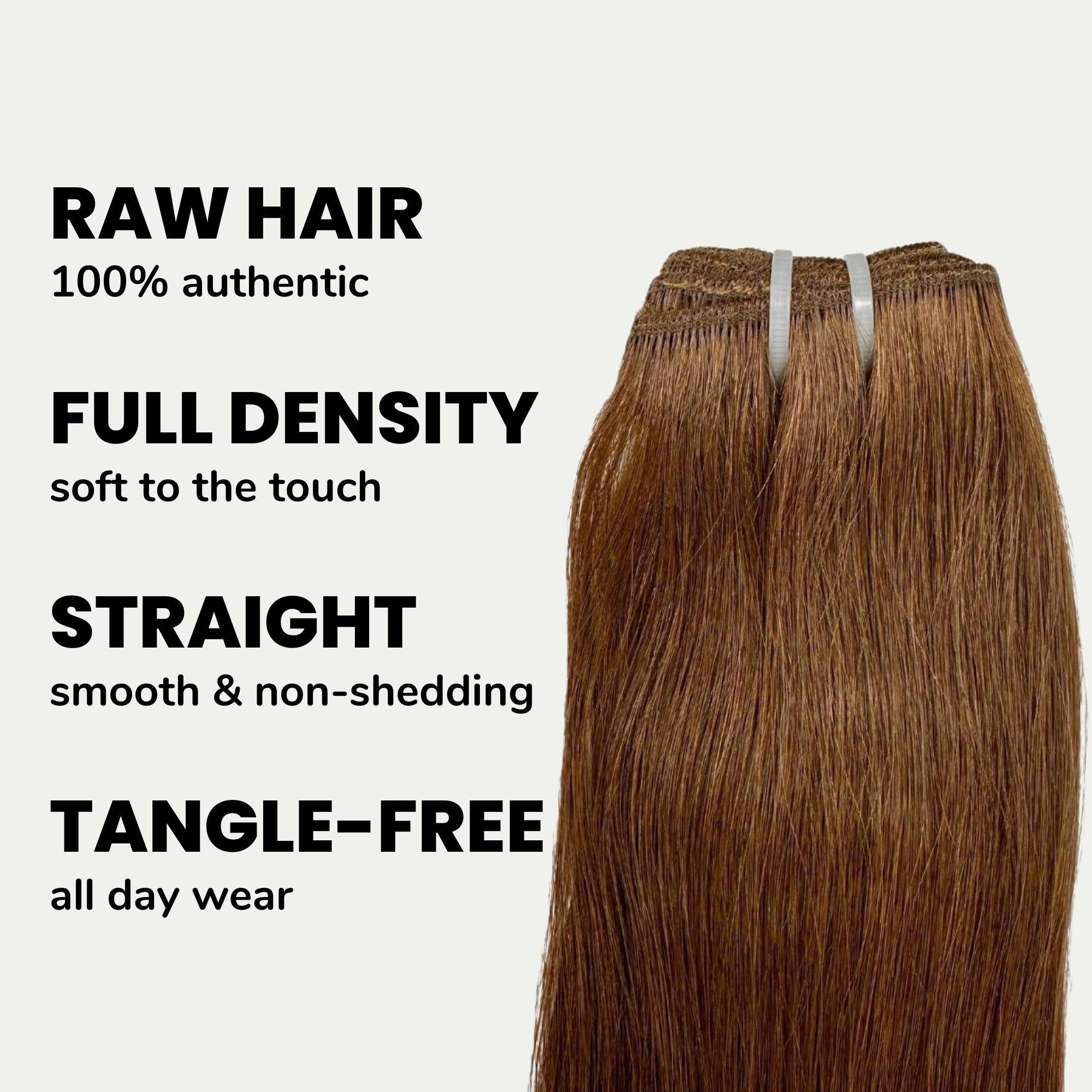 Raw medium brown straight human hair bundles from THE HAIR PUSHER PREMIUM LUXE HAIR, showcasing smooth, natural-looking hair extensions.