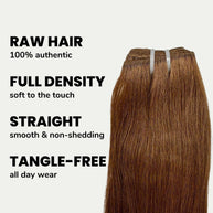 Raw medium brown straight human hair bundles from THE HAIR PUSHER PREMIUM LUXE HAIR, showcasing smooth, natural-looking hair extensions.