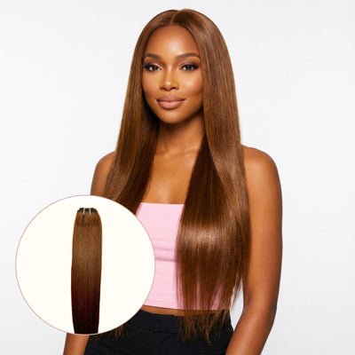Raw medium brown straight human hair bundles from THE HAIR PUSHER PREMIUM LUXE HAIR, showcasing smooth, straight hair extensions.