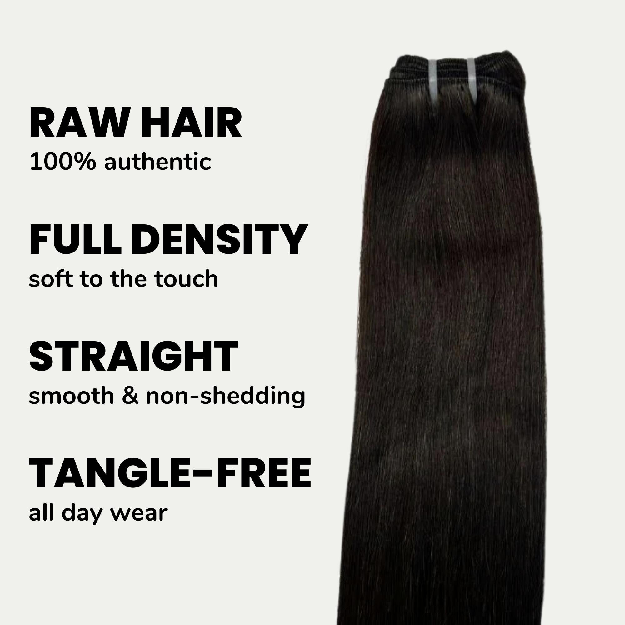 Raw natural black straight human hair bundles from THE HAIR PUSHER PREMIUM LUXE HAIR, showcasing sleek, straight hair extensions.