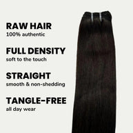 Raw natural black straight human hair bundles from THE HAIR PUSHER PREMIUM LUXE HAIR, showcasing sleek, straight hair extensions.