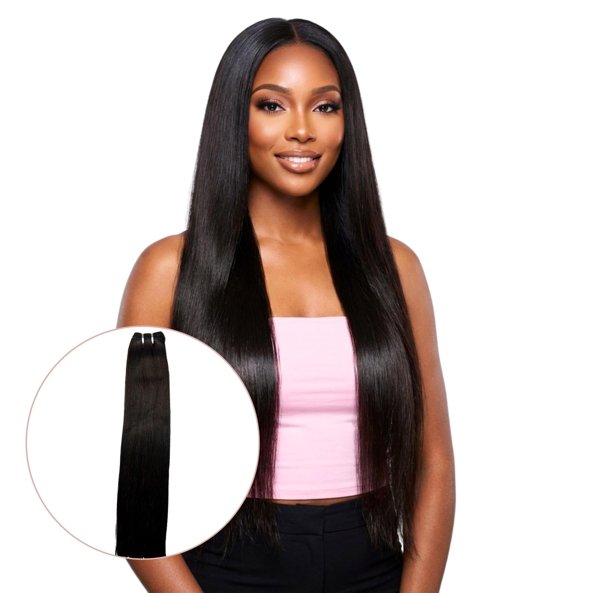Raw natural black straight human hair bundles from THE HAIR PUSHER PREMIUM LUXE HAIR, showcasing silky, straight hair extensions.