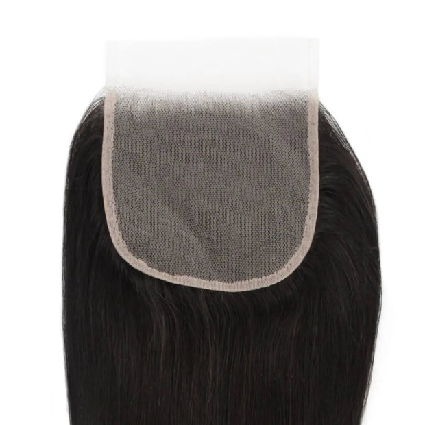 Straight 5x5 transparent lace human hair closure from THE HAIR PUSHER PREMIUM LUXE HAIR, showing the back view with a natural hairline.