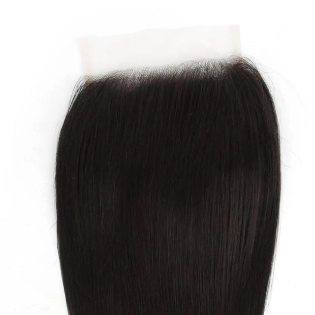 Straight 5x5 transparent lace human hair closure from THE HAIR PUSHER PREMIUM LUXE HAIR, showing the front view of the closure.