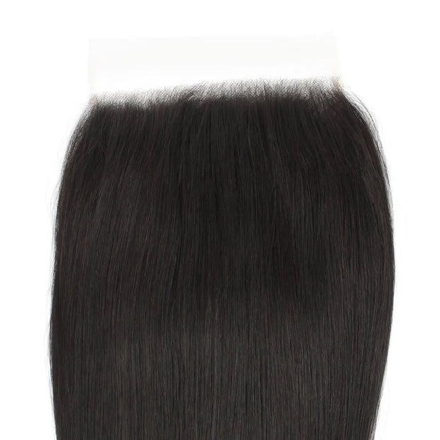 Straight 7x7 HD lace human hair closure by THE HAIR PUSHER PREMIUM LUXE HAIR, showing close-up of lace front and straight hair texture.