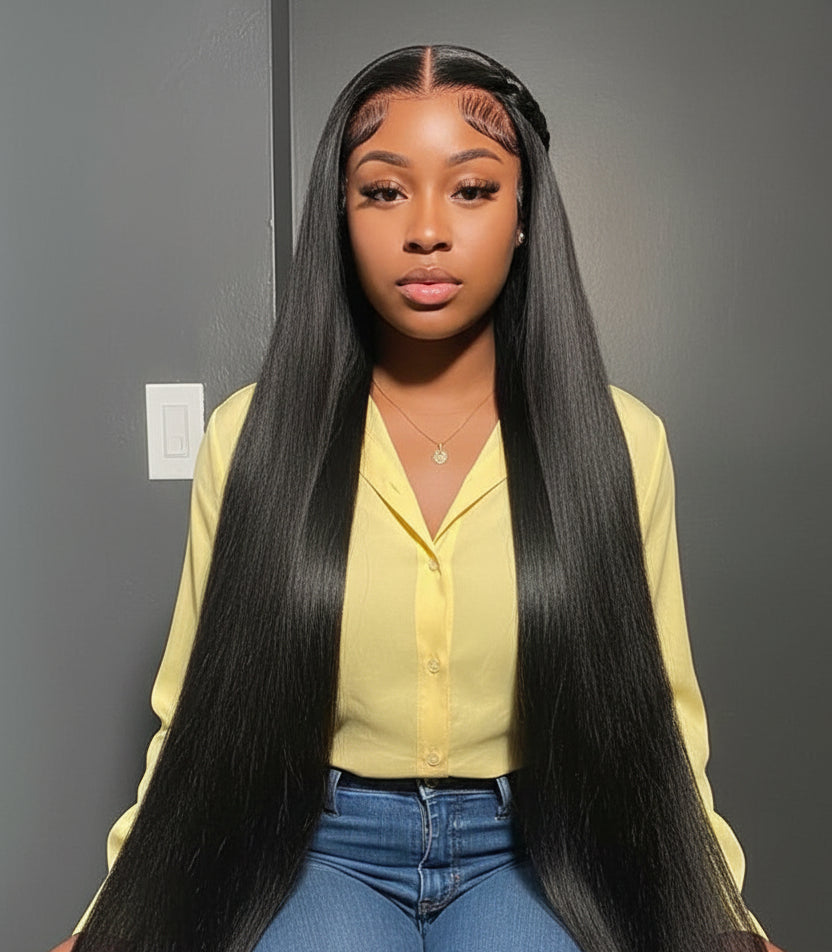 Straight HD lace wig by THE HAIR PUSHER PREMIUM LUXE HAIR featuring a pre-plucked 13x4 transparent lace front for a natural look.
