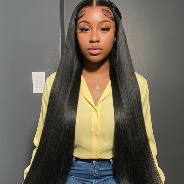 Straight HD lace wig by THE HAIR PUSHER PREMIUM LUXE HAIR featuring a pre-plucked 13x4 transparent lace front for a natural look.